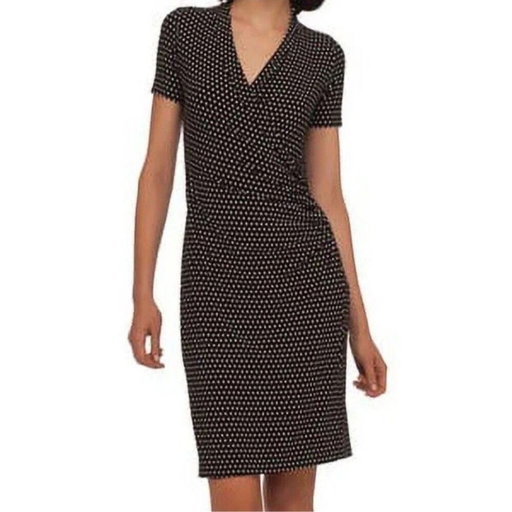 Norma Kamali Black White Polka Dot Faux Wrap Jersey Knit Fitted Sheath Dress S